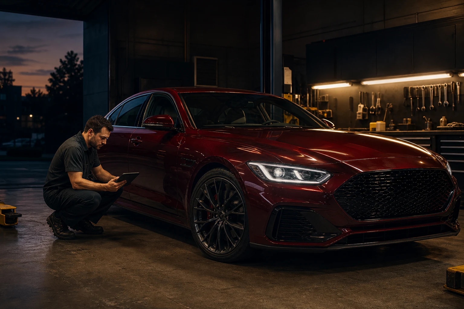 Technician inspecting an oxblood sedan inside the Neueve workshop