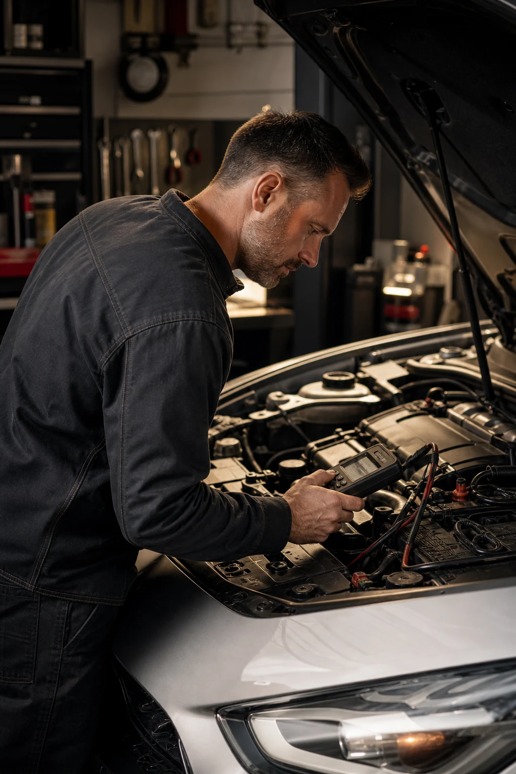 Neueve technician testing electrical readings under the hood